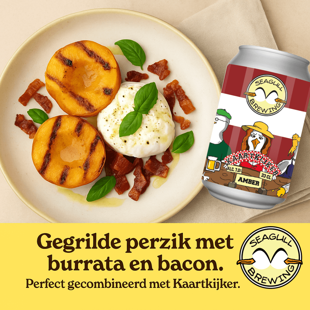 Gegrilde perzik met burrata en bacon en een blikje Kaartkijker van Seagull Brewing.
