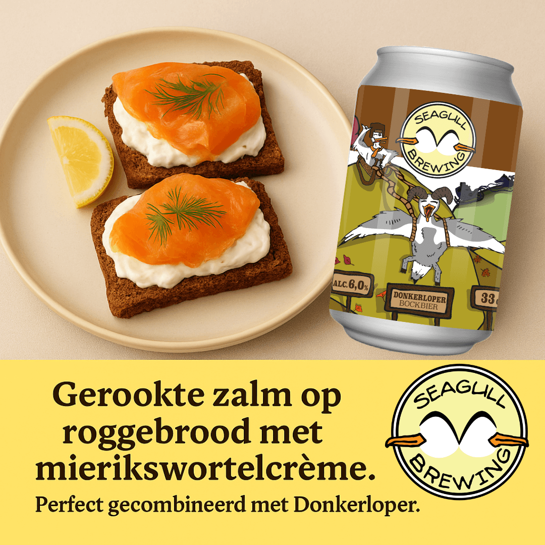 Gerookte zalm op donker roggebrood met mierikswortelcrème en een blikje Donkerloper herfstbock van Seagull Brewing