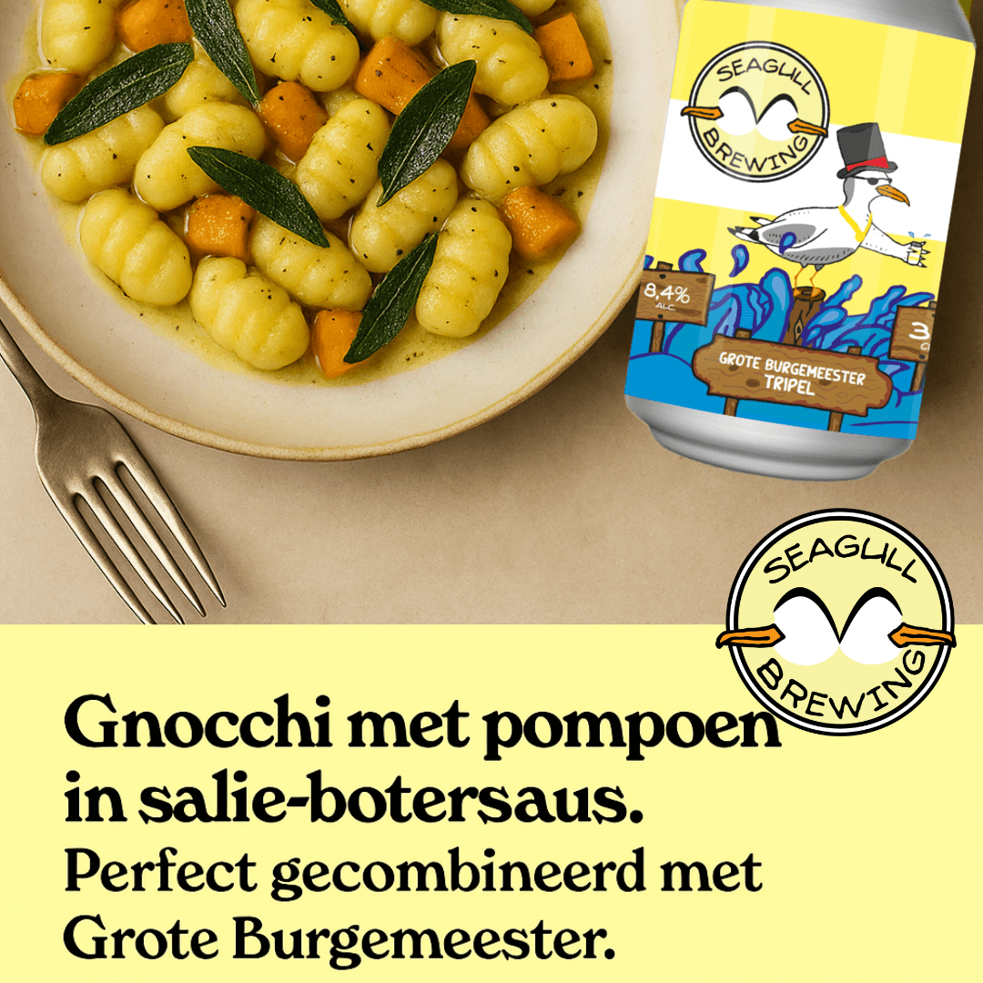Gnocchi met pompoen en salie met een blikje Grote Burgemeester van Seagull Brewing