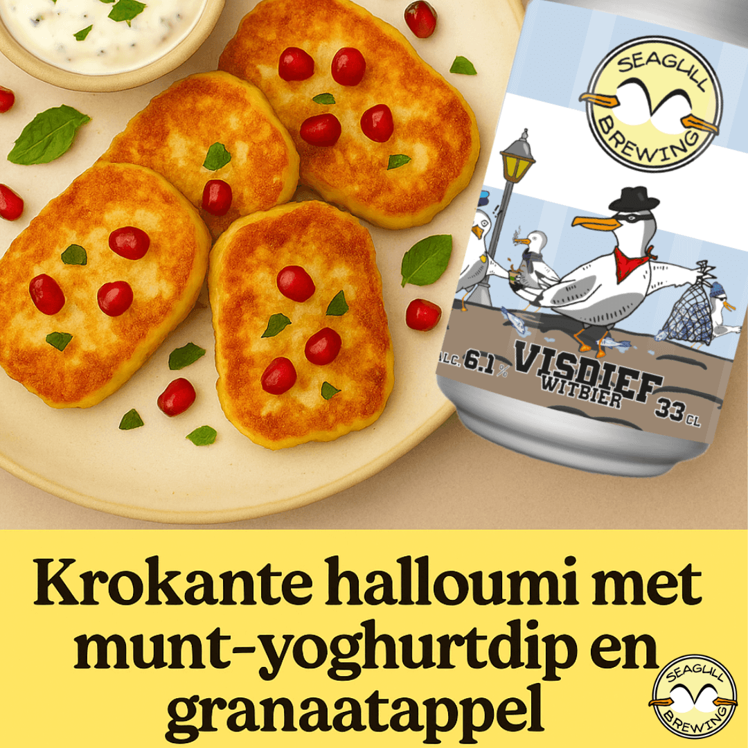 Halloumi met munt-yoghurtdip, granaatappelpitjes en een blikje Visdief witbier van Seagull Brewing