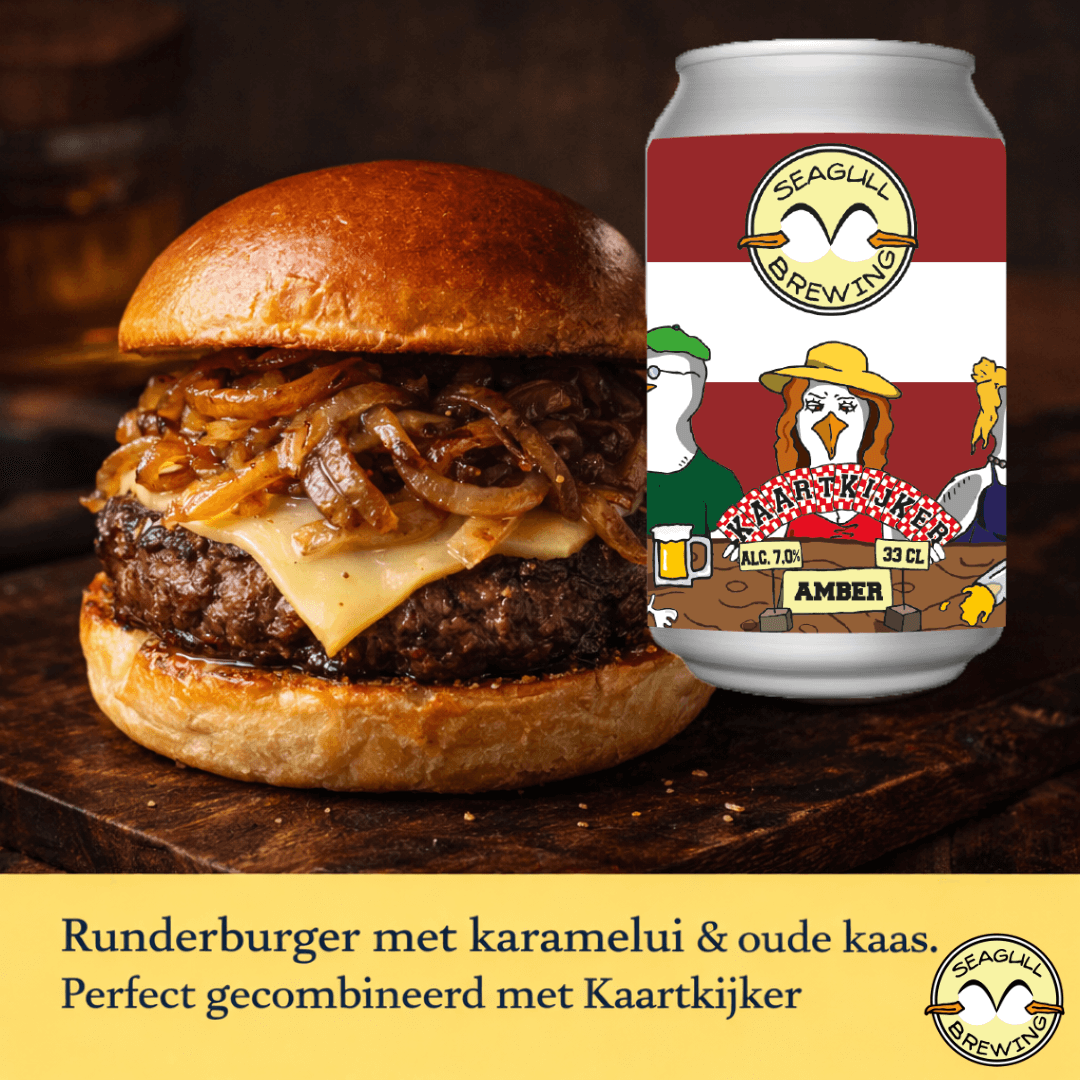 Hamburger met gekaramelliseerde ui en oude kaas met een blikje Kaartkijker Scotch ale van Seagull Brewing