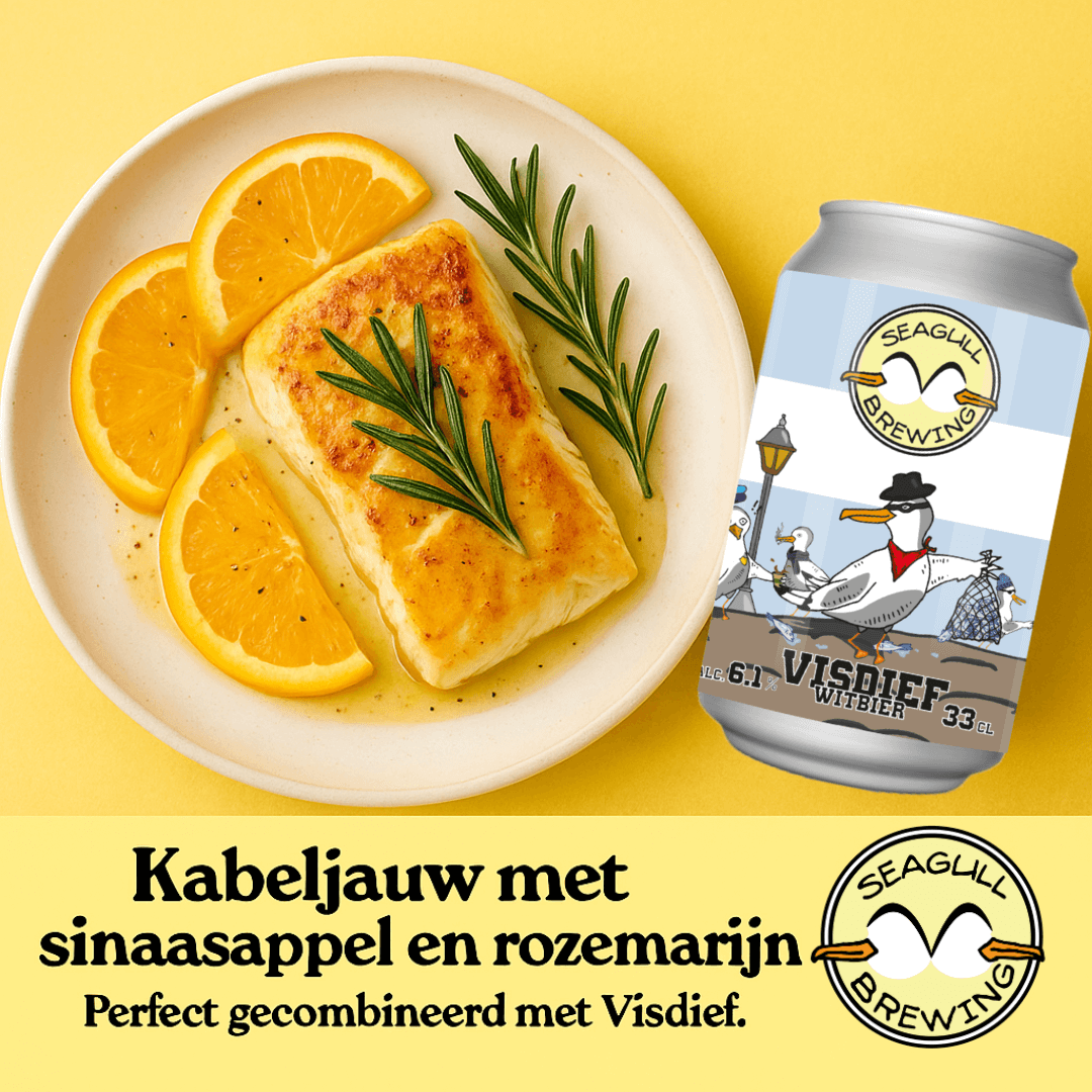 Kabeljauwfilet met sinaasappel en rozemarijn uit de oven met Visdief Witbier van Seagull Brewing