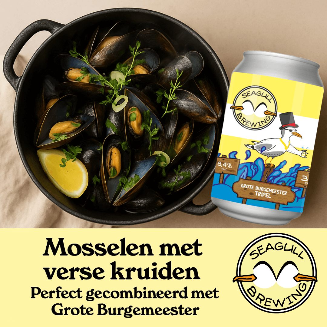 Mosselpan met verse kruiden gecombineerd met een blikje Grote Burgemeester tripel van Seagull Brewing.