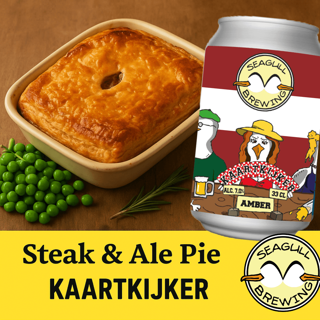 Steak&ale pie met een blikje Kaartkijker Scotch ale van Seagull Brewing