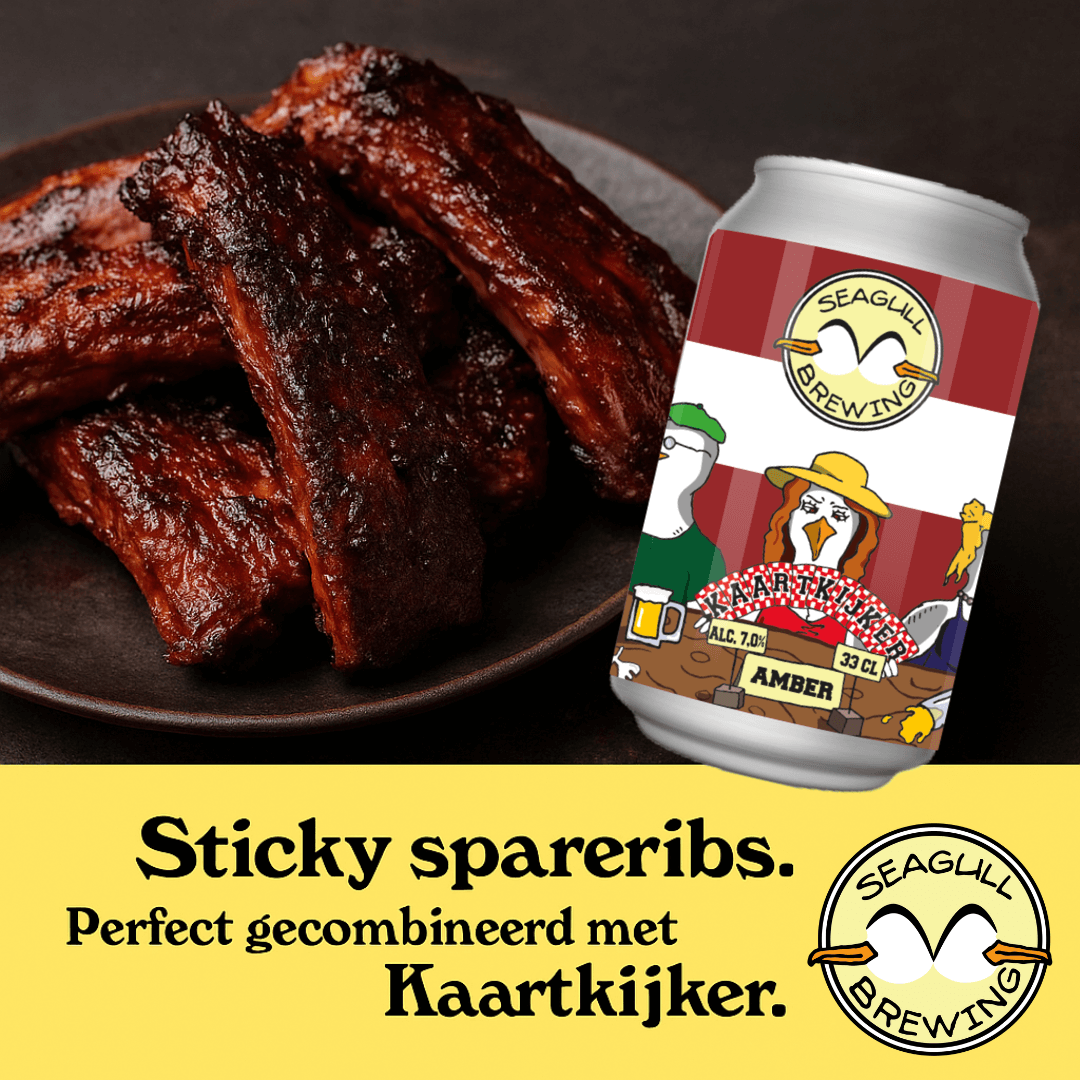 Sticky spareribs van de bbq met een blikje Kaartkijker Scotch ale amber van Seagull Brewing