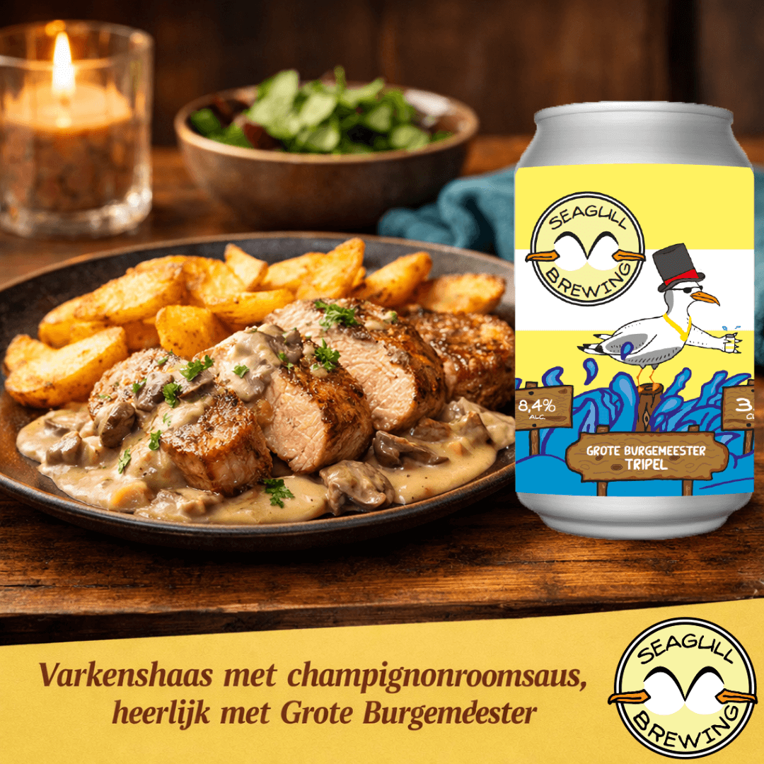 Varkenshaas met champignonroomsaus met een blikje Grote Burgemeester tripel van Seagull Brewing
