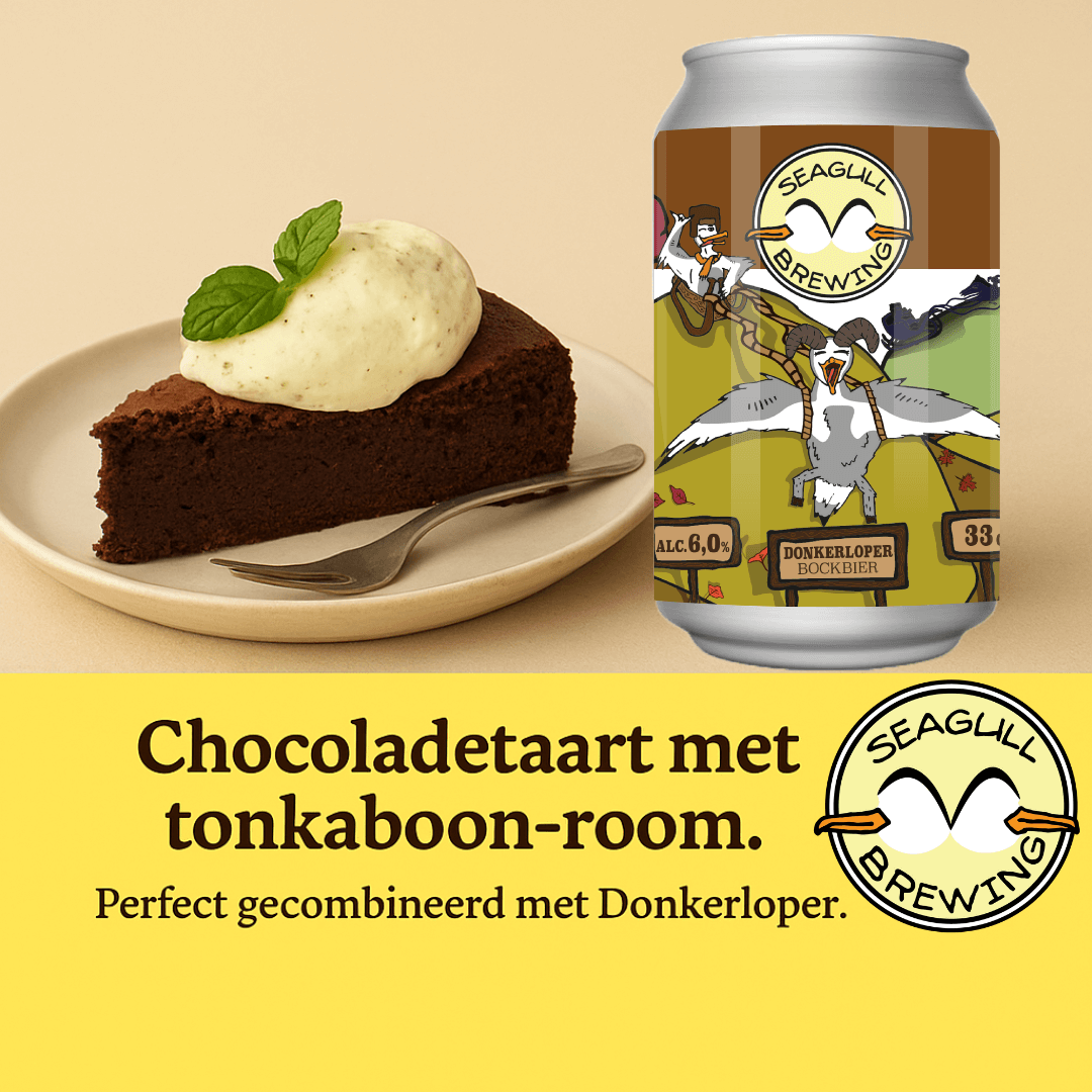 Smeuïge chocoladetaart geserveerd met luchtige tonkaboon-room en een glas donker herfstbockbier Donkerloper van Seagull Brewing.