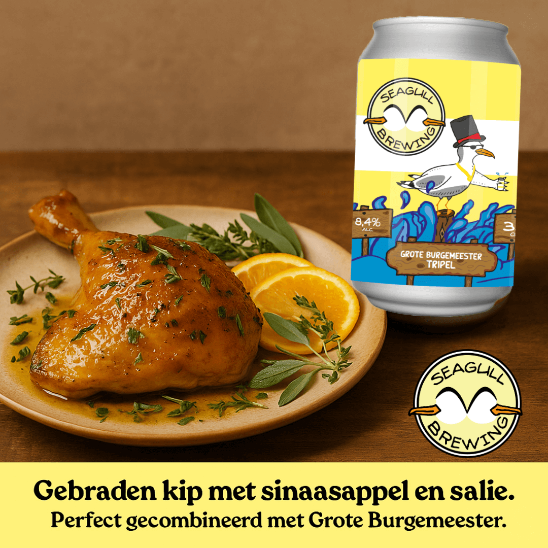 Gebraden kip met salie en tijm, geserveerd met seizoensgroenten, gecombineerd met het tripel bier Grote Burgemeester van Seagull Brewing.