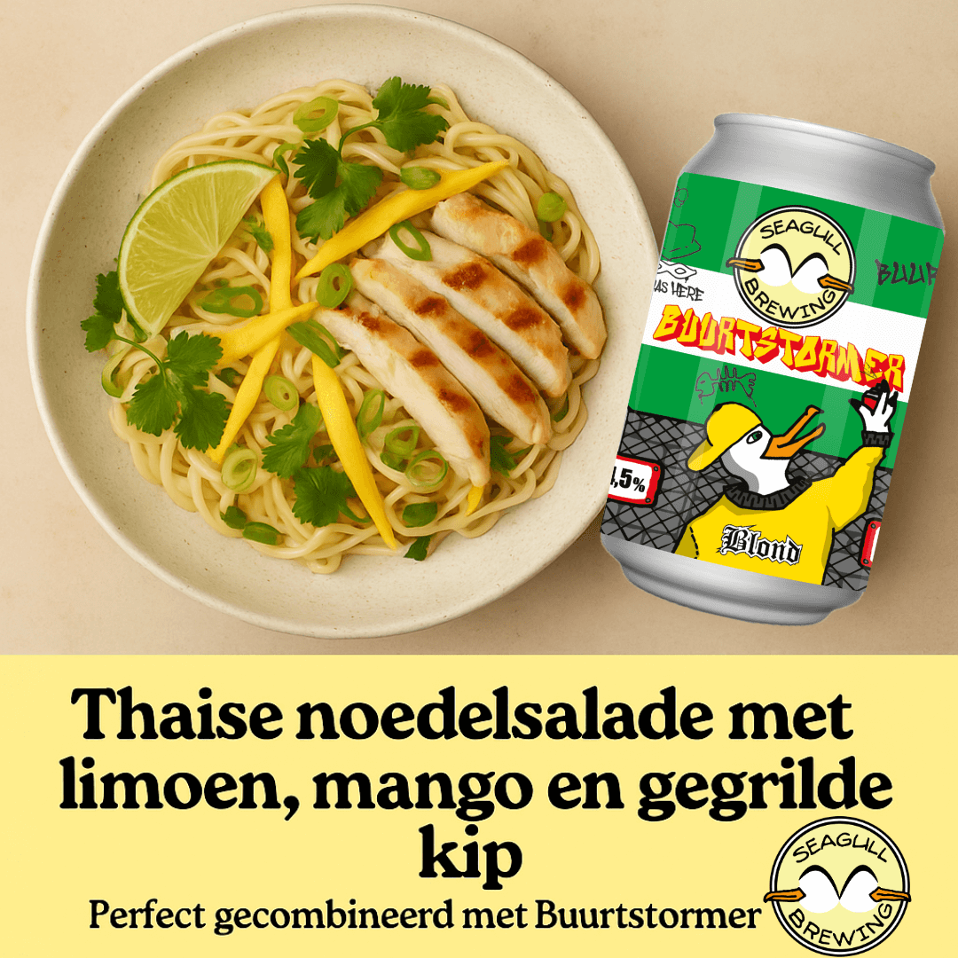 Thaise noedelsalade met limoen en verse kruiden, geserveerd met een blikje Buurtstormer zomerbier van Seagull Brewing.